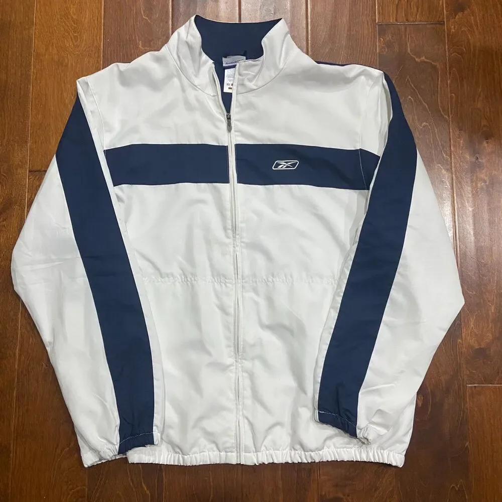 Reebok Athletic Vintage Y2K Full Zip White Navy Windbreaker Jacket Men's Size XL